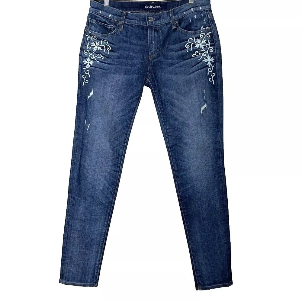 Driftwood Floral Embroidered Distressed Skinny Women Jeans Size 29 Stretch Denim